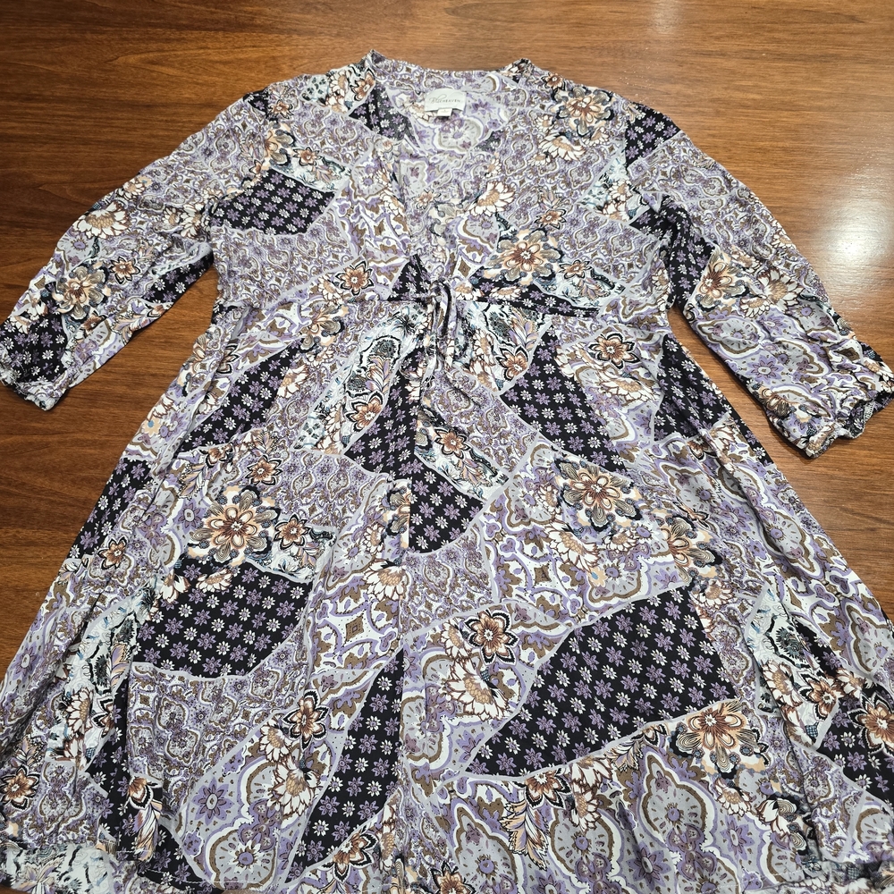 Blu Heaven L Purple Floral Paisley Patchwork Sundress Knee Length 3/4 Sleeve‎